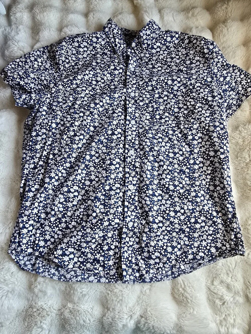 J. Crew Navy Floral Short-Sleeve Button-Up Flex Washed